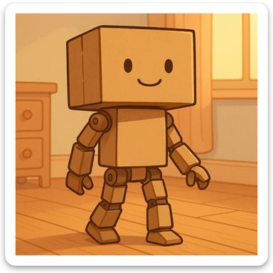 cartoonish cardboard robot with square head, simple drawn face, jointed limbs, standing in a warm, softly lit room with wooden floor, pastel colors, clean lines, nostalgic and cozy sticker
