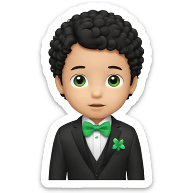baby boy curly black hair in suit, with green bow sticker