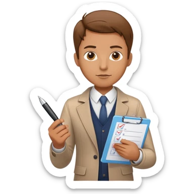 a person holding a checklist and pen, wearing smart casual clothing. The character is in a focused pose sticker