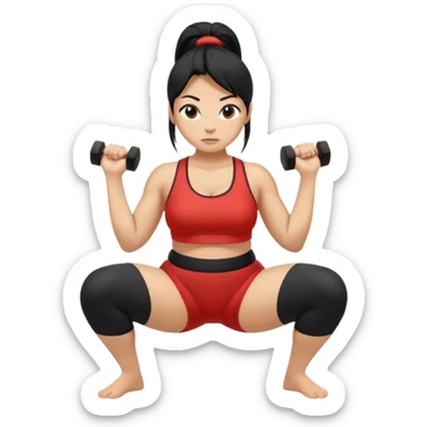 Women with long black ponytail doing a sumo squat with no weights or barbells sticker