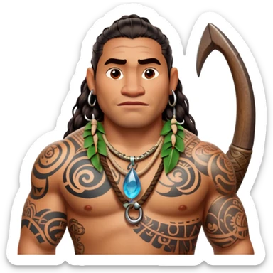Maui character from Moana with tattoos and large fishhook sticker
