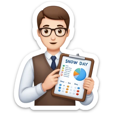 male teacher holding a chart predicting a snow day sticker