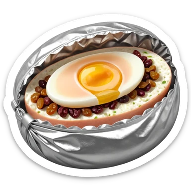 steamed ground pork with raisins, sliced boiled egg, wrapped in foil sticker