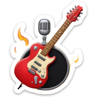 Create a bold and dynamic emoji representing rock vocal performance in a humanless collage. The design should feature a vintage microphone at the center, surrounded by key rock elements like an electric guitar, drumsticks, and a guitar pick. Include symbols of energy, such as lightning bolts or flames, and subtle musical notes or sound waves to evoke the raw power of rock vocals. Use dark, bold colors like black, silver, and red, with hints of chrome or metallic accents to convey the edgy, rebellious spirit of rock music. The background should be transparent. sticker
