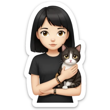 A girl with black hair and middle-parted bangs, wearing a black short-sleeved shirt, a brown bracelet on her right wrist, white skin, holding a tabby cat, the cat is standing upright sticker