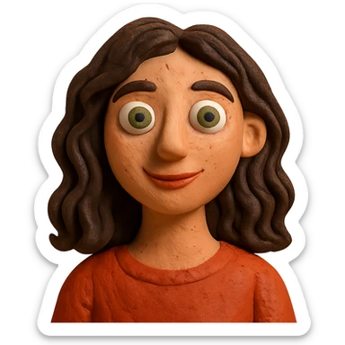 claymation style woman with wavy dark brown hair and green eyes sticker