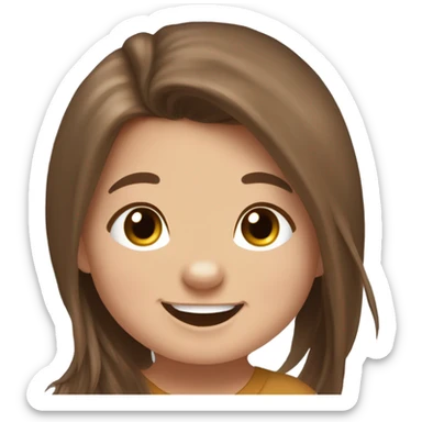 happy baby white girl with long brown hair kind of messy hair, grins with to capybara sticker