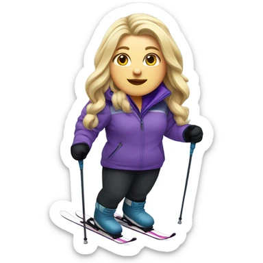 Chubby female long blonde hair skier with purpley-grey jacket and black pants showing whole body in high resolution sticker