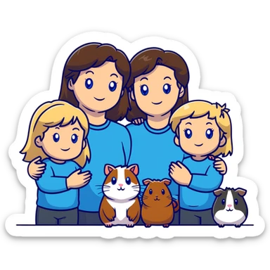 Family portrait with father with dark brown hair and blue eyes, mother with light brown hair and blue eyes, three blonde little girls with blue eyes, plus a grey cat and two guinea pigs sticker