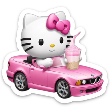 Hello Kitty drinking milk from a glass while driving a pink BMW sticker
