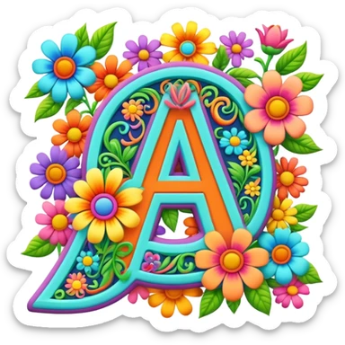 3D style, psychedelic colored Letter A with hippie style flower border sticker