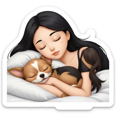 Coquette teenage cute asian black hair girl sleeping with brown longhair chihuahua  sticker
