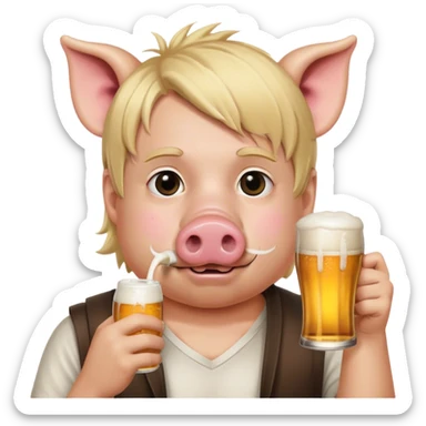 A big blonde boy with a pig mask on drinking a beer  sticker