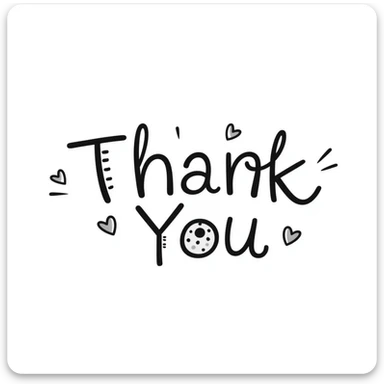 hand drawn 'Thank You' text with hearts and playful accents, doodle style sticker
