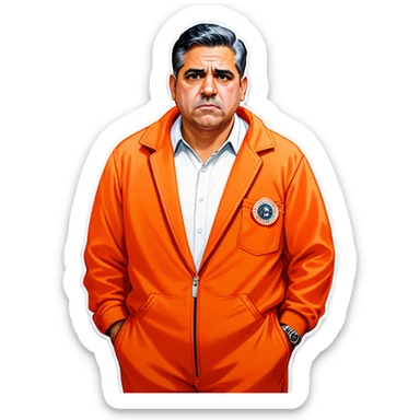 Make US congressman Robert Garcia cuffed in an orange jumpsuit looking mad that he got caught make him the most realistic as you can sticker