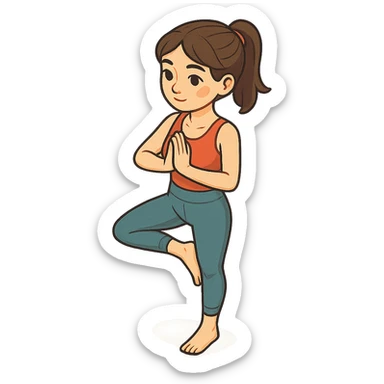 girl in cute yoga outfit performing tree pose (Vrikshasana), 2D isometric style, very detailed facial features, elongated body, many shadows and highlights, clean contours, soft lighting, transparent background sticker