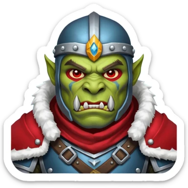 Fantasy Christmas orc legion soldier icon, iron tundra army theme, heavy winter armor, disciplined brutal look, dark icy steel armor with bold crimson cloth and markings, cold blue shadows, high contrast, clean emoji portrait style
 sticker