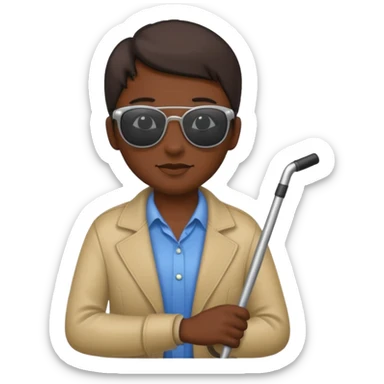 A blind person wearing sunglasses and holding a guide cane sticker
