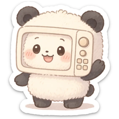 chibi style microwave oven transformed into a soft fluffy panda, blushing and waving happily, soft pastel colors, full-body sticker