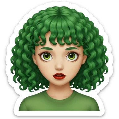 crie uma mulher, vibe total terror, mas ela com cabelo cacheado e franja, e pele verde sticker