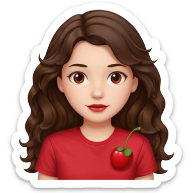Brunette girl with long wavy hai length hair and blush, wearing cherry red tshirt sticker