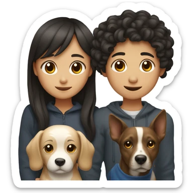 Asian girl, which has straight hair, and black boy, which had curly hair, with a dog sticker