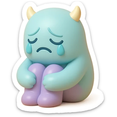 sad monster sitting with its knees up, crying, small horns, pastel color palette, no background, vinyl figure style sticker
