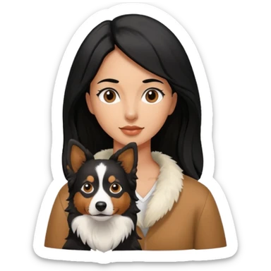 woman black hair with border collie brown and white sticker