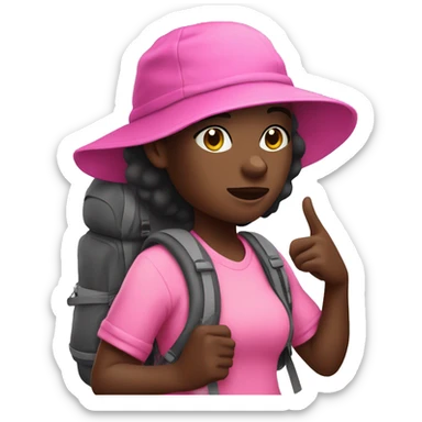 Dark skinned black girl hiking with pink bucket hat and wearing backpack sticker