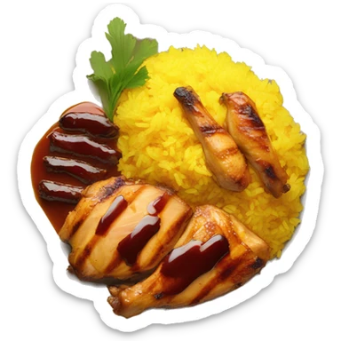 A plate of yellow rice with grilled chicken and bbq sauce on top sticker