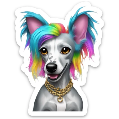 Punk Chinese crested dog neon rainbow hair gold chain punk piercings tattoos punk ear piercings sticker