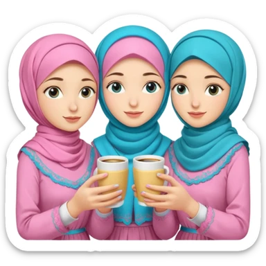 Turkish beautiful finish Konya three girls (friends) blue eyes with pink rose and turkis butter yellow hijab islamic dress and had on her hand turkish coffee   sticker