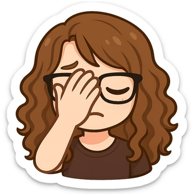 Create a chibi sticker emoji of this person with glasses and curly hair, facepalm expression, in Twitch emote style, with a transparent background. sticker