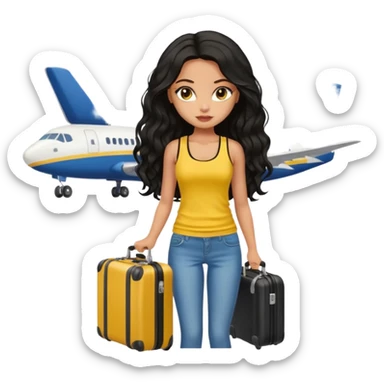 a pretty bratz dusky girl with long wavy black hair in a yellow tank top with a black suitcase at an airport sticker