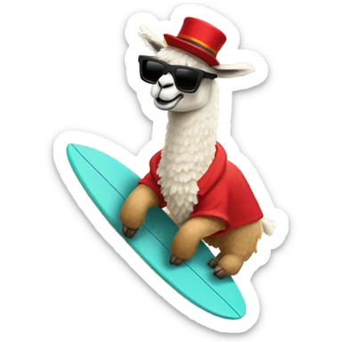 Llama with red sweater top hat and sunglasses surfing on sand dunes sticker