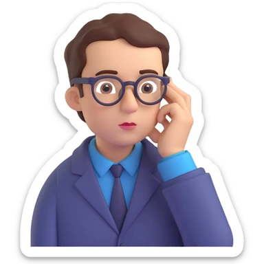 a man with glasses, deep in thought, hand on cheek, 3D style sticker
