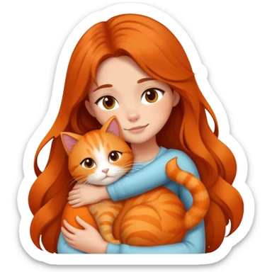 girl with long hair hugging an orange cat sticker