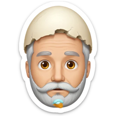 grey haired man with beard middle aged with a large egg shell on the head sticker