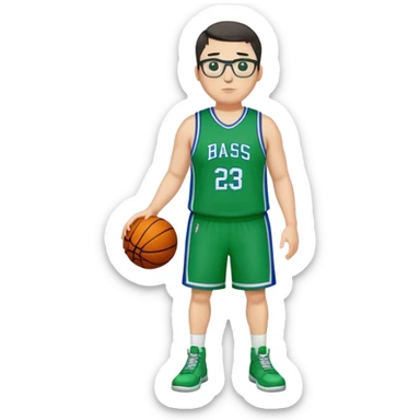 Full Body plus size tall white male with dark short hair basketball player wearing glasses wearing blue  with green uniform sticker