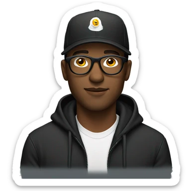 a man wear black hoodie and trucker hat and clear glasses sticker