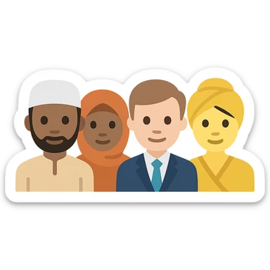 A group of coworkers from various backgrounds, showing cultural symbols and dress, flat color icon style sticker