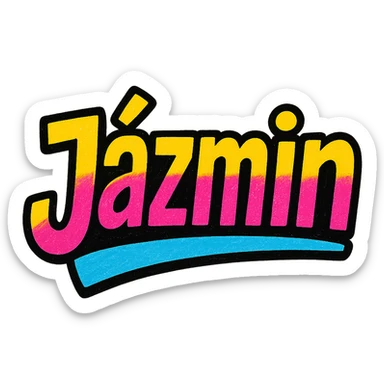 Jázmin name in modern colorful gradient font with dark outline, dynamic slanted or partial underline, in the style of reference patterns sticker