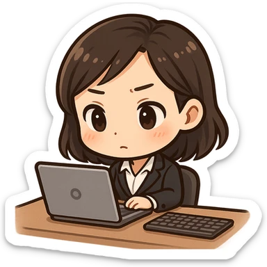 chibi cute Asian female professional with brown hair, focused at her desk, working on a laptop with a keyboard nearby sticker