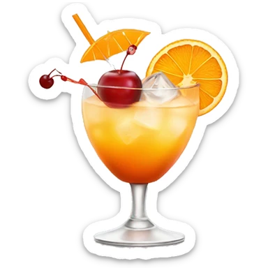 Cocktail garnished with an orange and a cherry sticker