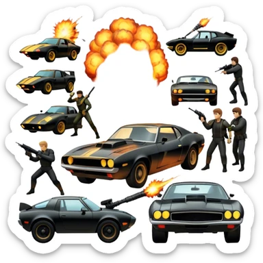 Photorealistic Icon for Action Movies: Dynamic collage of iconic action movie scenes featuring explosions, fast cars, combat, and weapons. Include silhouettes of famous action heroes, dramatic lighting, and a sense of high-octane energy. Transparent background. sticker