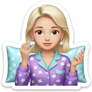 Clean girl aesthetic emoticons, apply skincare products, pearl earrings, glowing skin, pajamas, soft lighting sticker