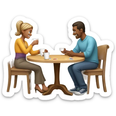 An emoji of a family—mother, father, and child—sitting at a table, playing a cup game with paper cups arranged on the table as they have fun together sticker