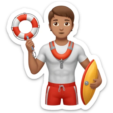 Muscular lifeguard teen boy with rescue buoy and whistle brown hair sticker