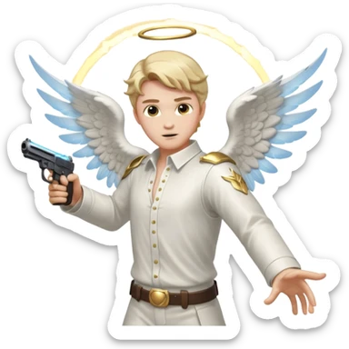 male Angel dual-wielding pistols, shooting, dynamic action pose, glowing wings, no background














 sticker
