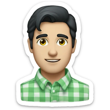 Man with black hair and a gingham white/blue buttoned collar shirt/green eyes sticker